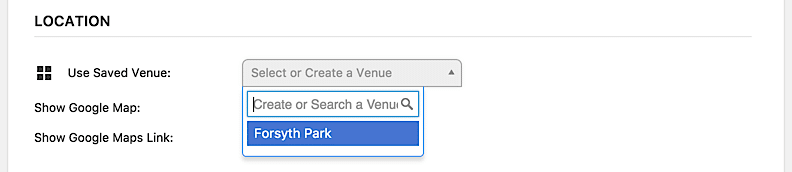 Drop-down menu in event location (venue) section for selecting existing venue