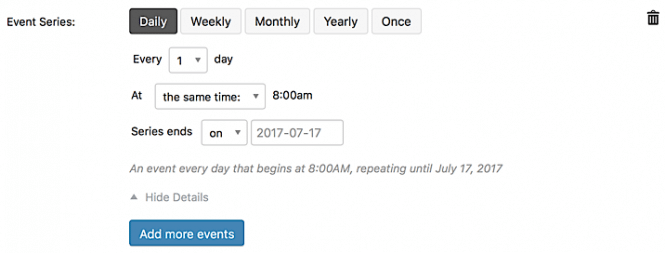 Options for "daily" event series type