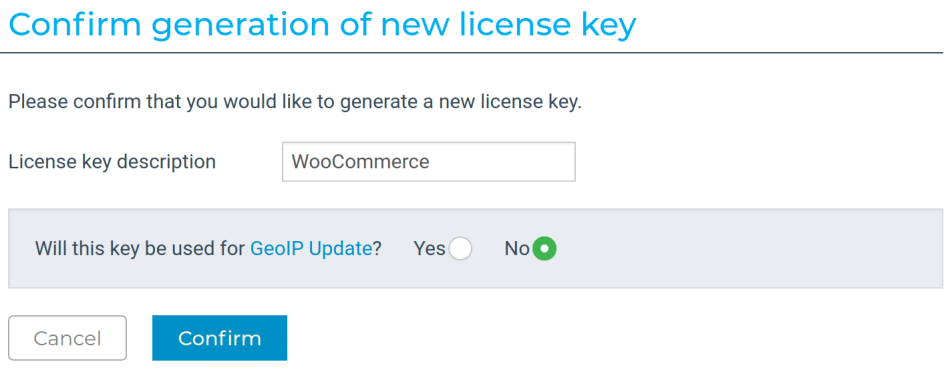 MaxMind confirm license key page